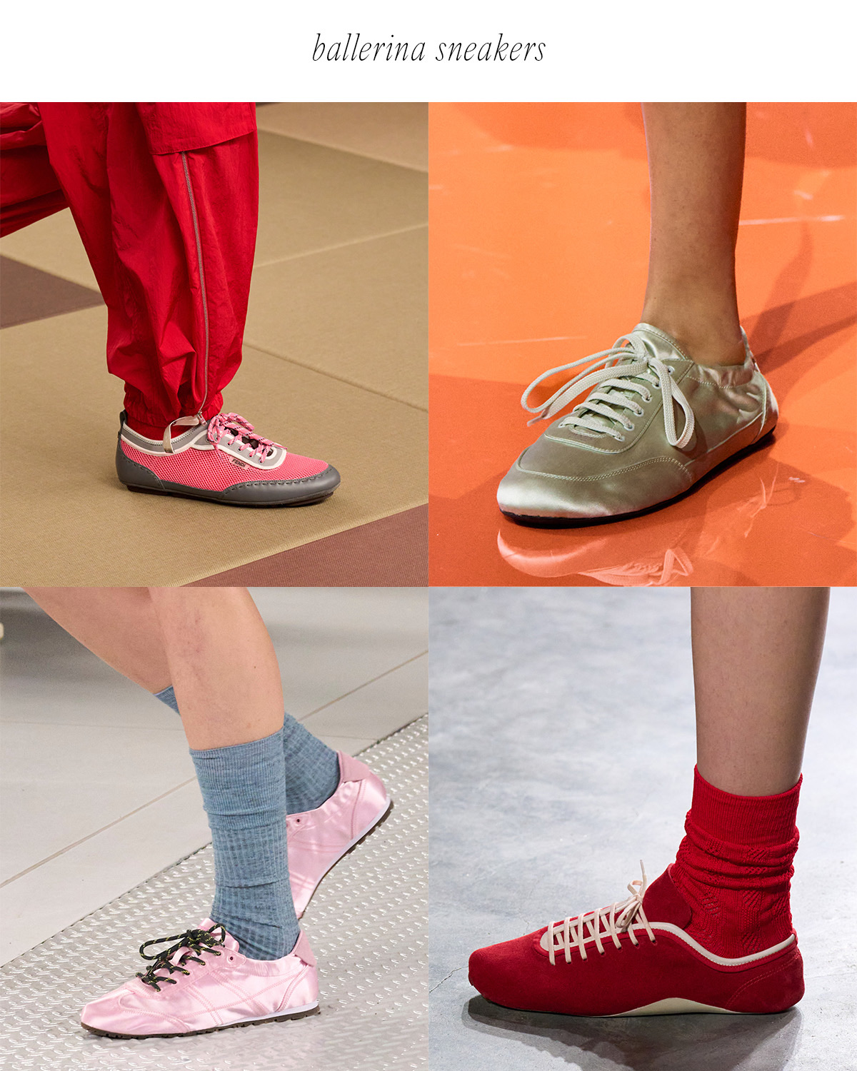Ballerina sneakers runway collage, four looks in red, sage green, pink, and red satin/mesh ballerina-style trainers
