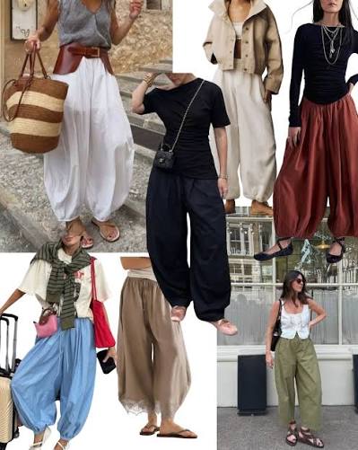 Collage of six balloon-pant outfits in white, black, taupe, blue and green, styled with sandals and totes