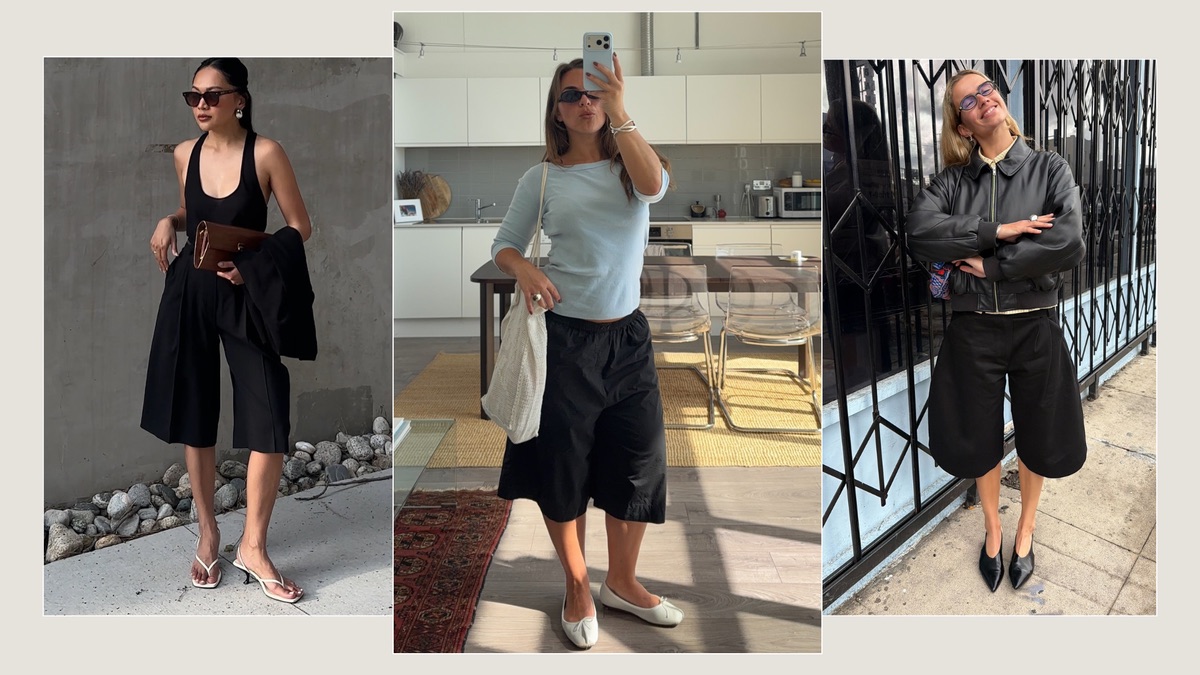 Three-panel collage of bermuda shorts styled casually: with a tank and heels, an oversized tee and flats, and a bomber jacket