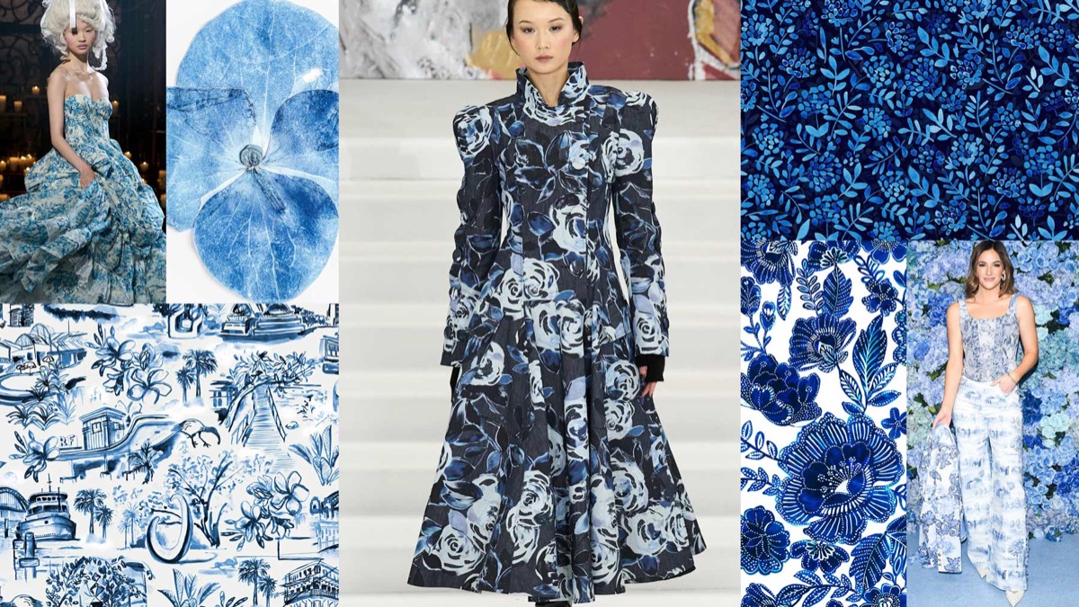 Collage of blue-and-white fashion and pattern references: florals, toile, a runway coat, hydrangea petals