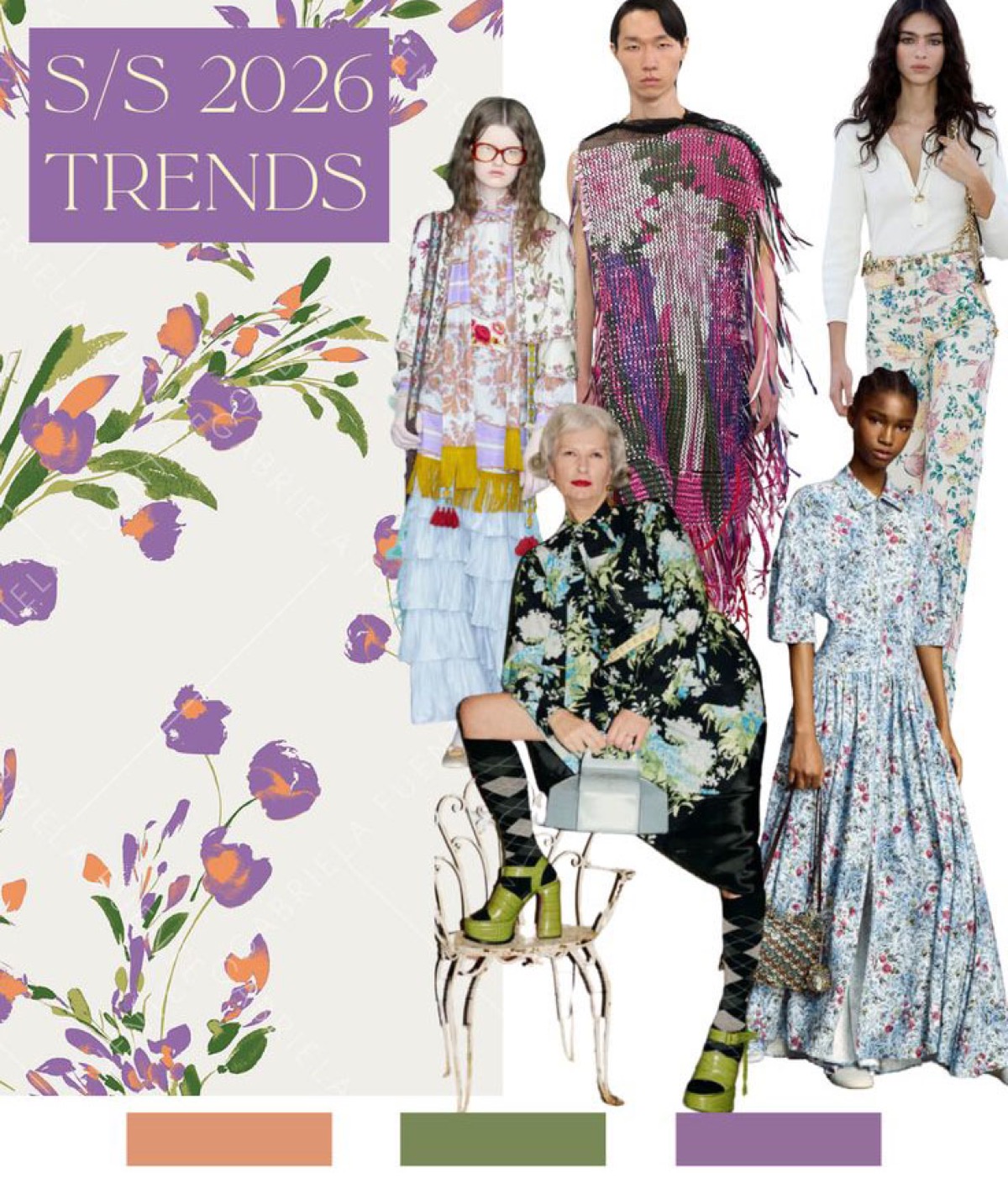 S/S 2026 floral trend moodboard with runway looks in purple, orange and green florals