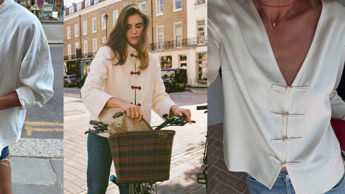 Three-panel collage of frog-closure jackets and blouses styled casually, on a bicycle, and with jeans