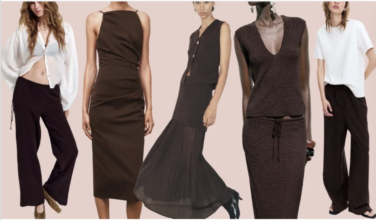 A lineup of chocolate brown pieces: wide-leg trousers, a slip dress, a two-piece set, and a textured maxi dress.