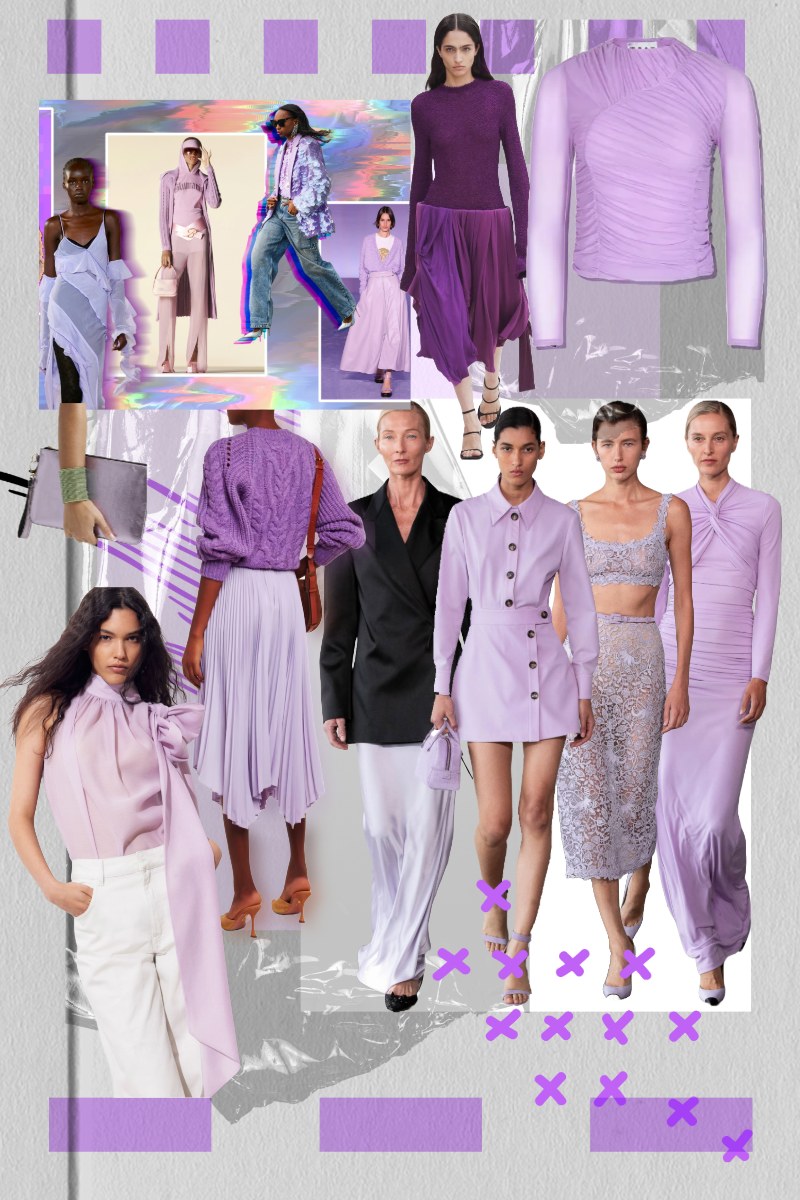 A collage of lilac and purple outfits, from knitwear and pleated skirts to tailored jackets and satin dresses.