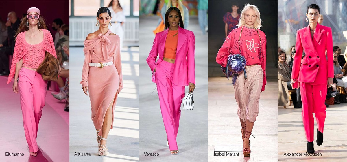 Five runway looks in shades of pink, from soft blush to hot pink, in tailoring and knitwear silhouettes.