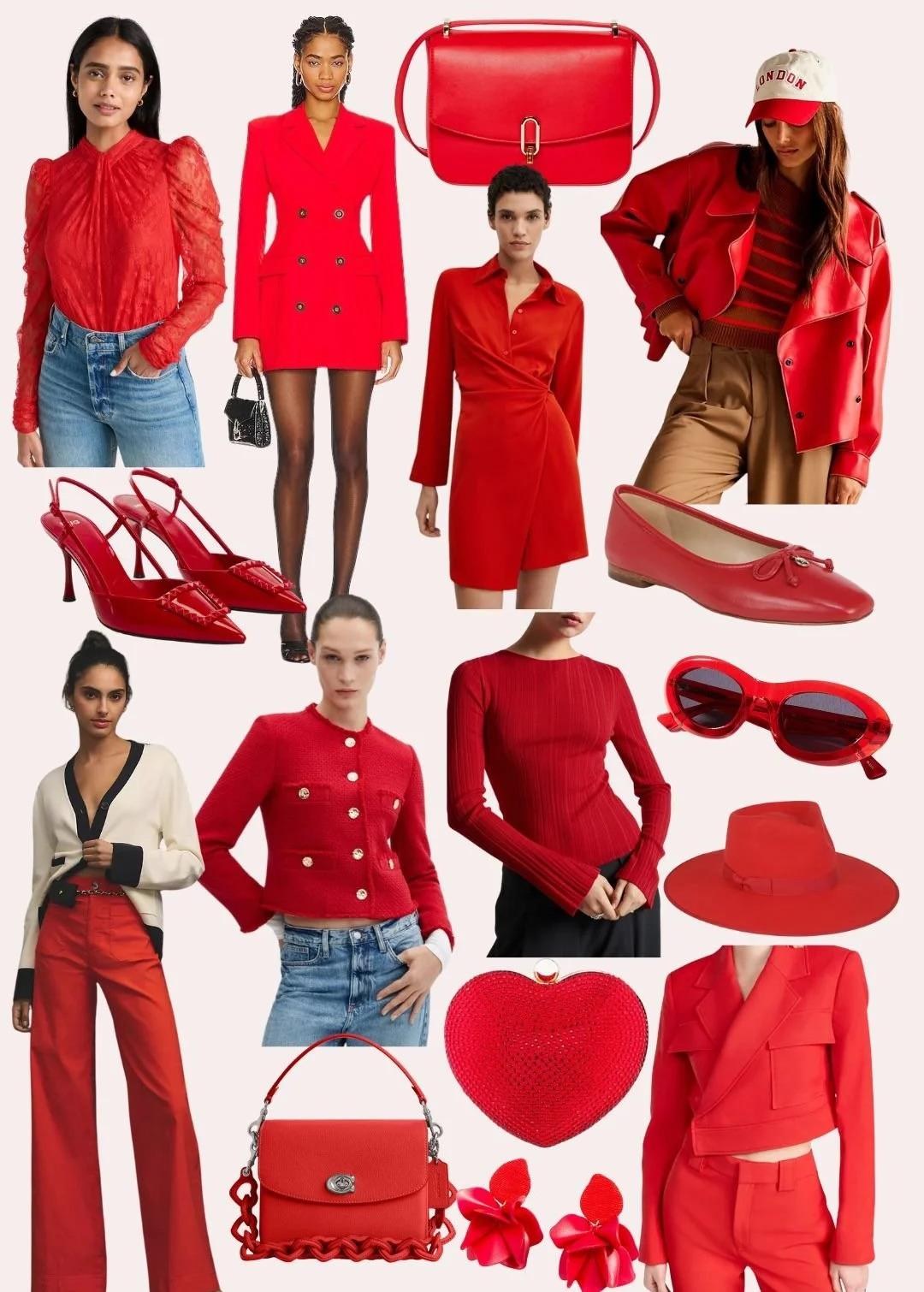 A grid of red pieces for summer: a lace blouse, a tailored blazer dress, a wrap dress, a leather jacket, red flats and heels, a red tweed jacket, a red knit top, and red accessories including a bag, sunglasses, and a hat.