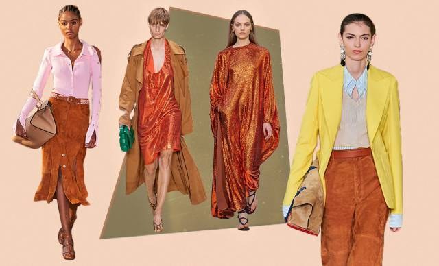 Terracotta and rust-toned outfits paired with camel and yellow, including a suede skirt and a satin dress.