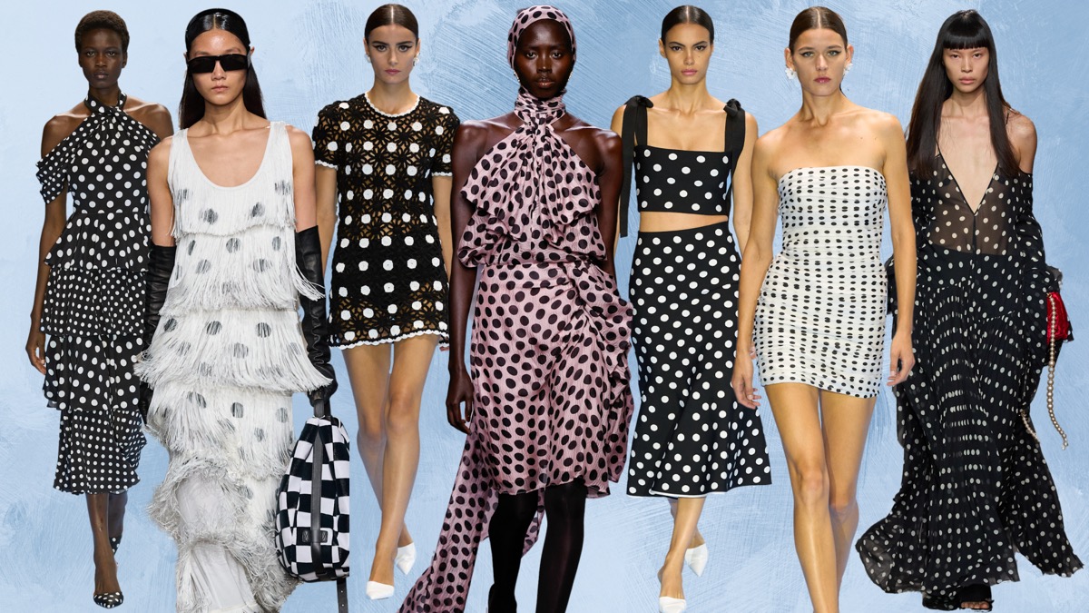 Runway collage of polka dot looks in black, white and pink, on a light blue background