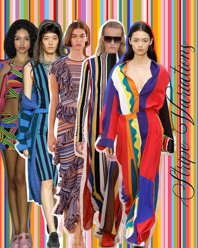 Runway collage of rainbow-striped looks, with Stripe Variations script text overlaid