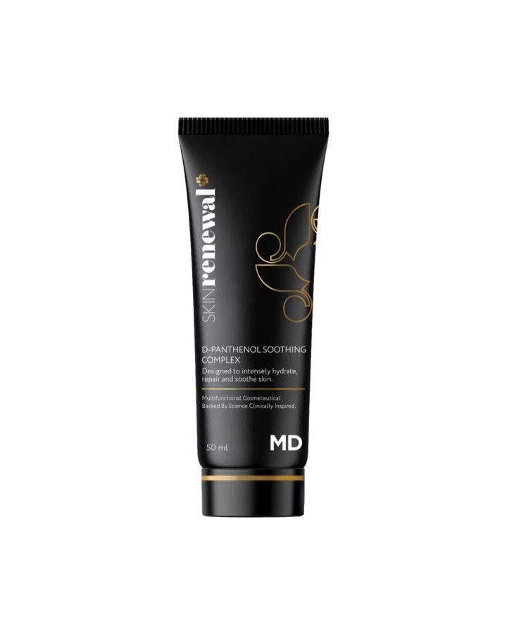 A black Skin Renewal MD D-Panthenol Soothing Complex tube with gold detailing